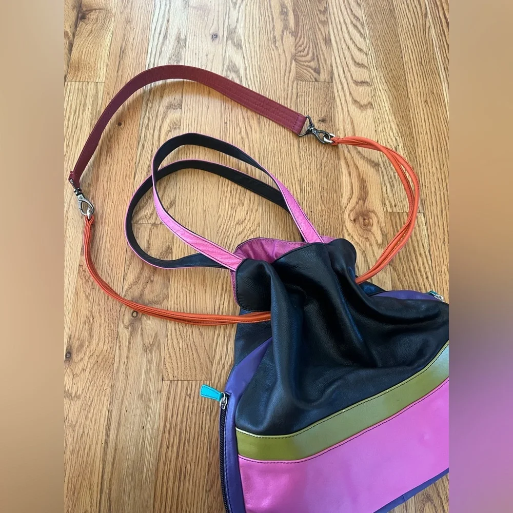 ILI New York Leather Color Block Purse Drawstring Shoulder Multicolor Bright